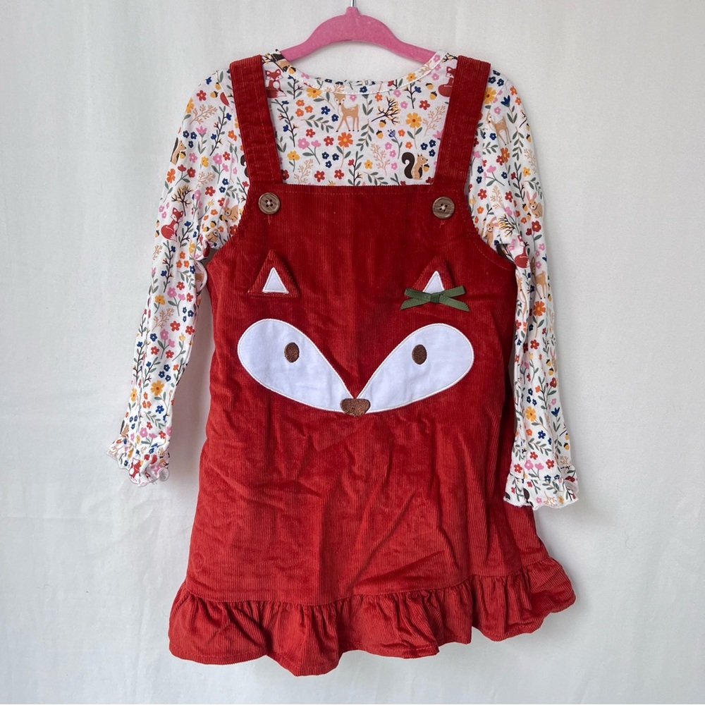 NWT! 🦊 Toddler Girl Orange Corduroy Fox Face Jumper Dress Set, Size 3T